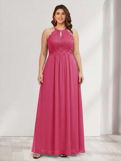 A-Line/Princess Crew Neck Keyhole Plus Size Bridesmaid Dresses with Lace