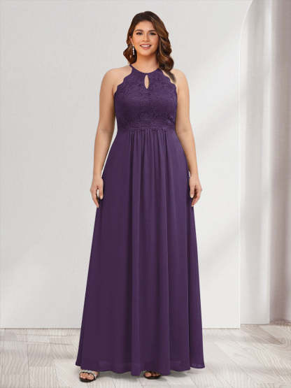 A-Line/Princess Crew Neck Keyhole Plus Size Bridesmaid Dresses with Lace