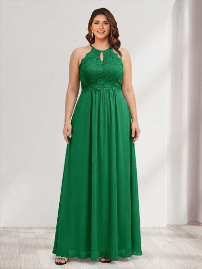 A-Line/Princess Crew Neck Keyhole Plus Size Bridesmaid Dresses with Lace