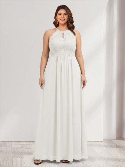 A-Line/Princess Crew Neck Keyhole Plus Size Bridesmaid Dresses with Lace