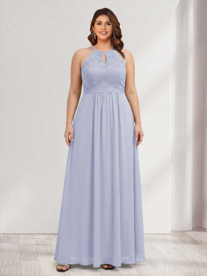 A-Line/Princess Crew Neck Keyhole Plus Size Bridesmaid Dresses with Lace