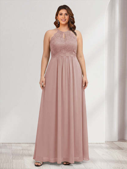 A-Line/Princess Crew Neck Keyhole Plus Size Bridesmaid Dresses with Lace