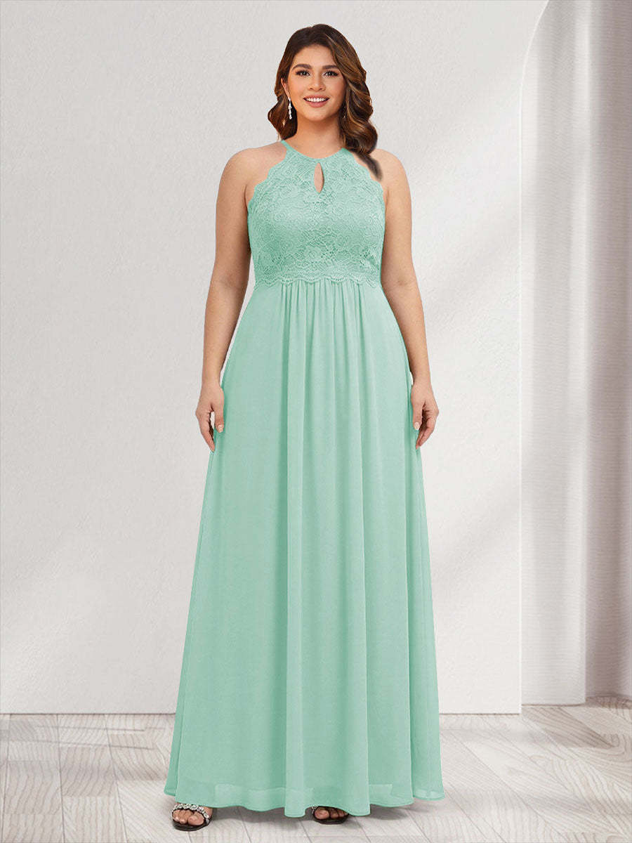 A-Line/Princess Crew Neck Keyhole Plus Size Bridesmaid Dresses with Lace