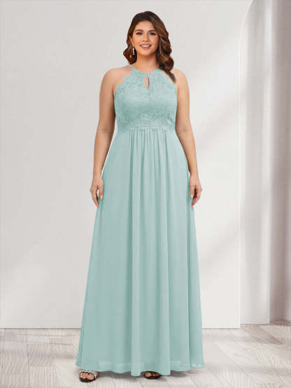 A-Line/Princess Crew Neck Keyhole Plus Size Bridesmaid Dresses with Lace