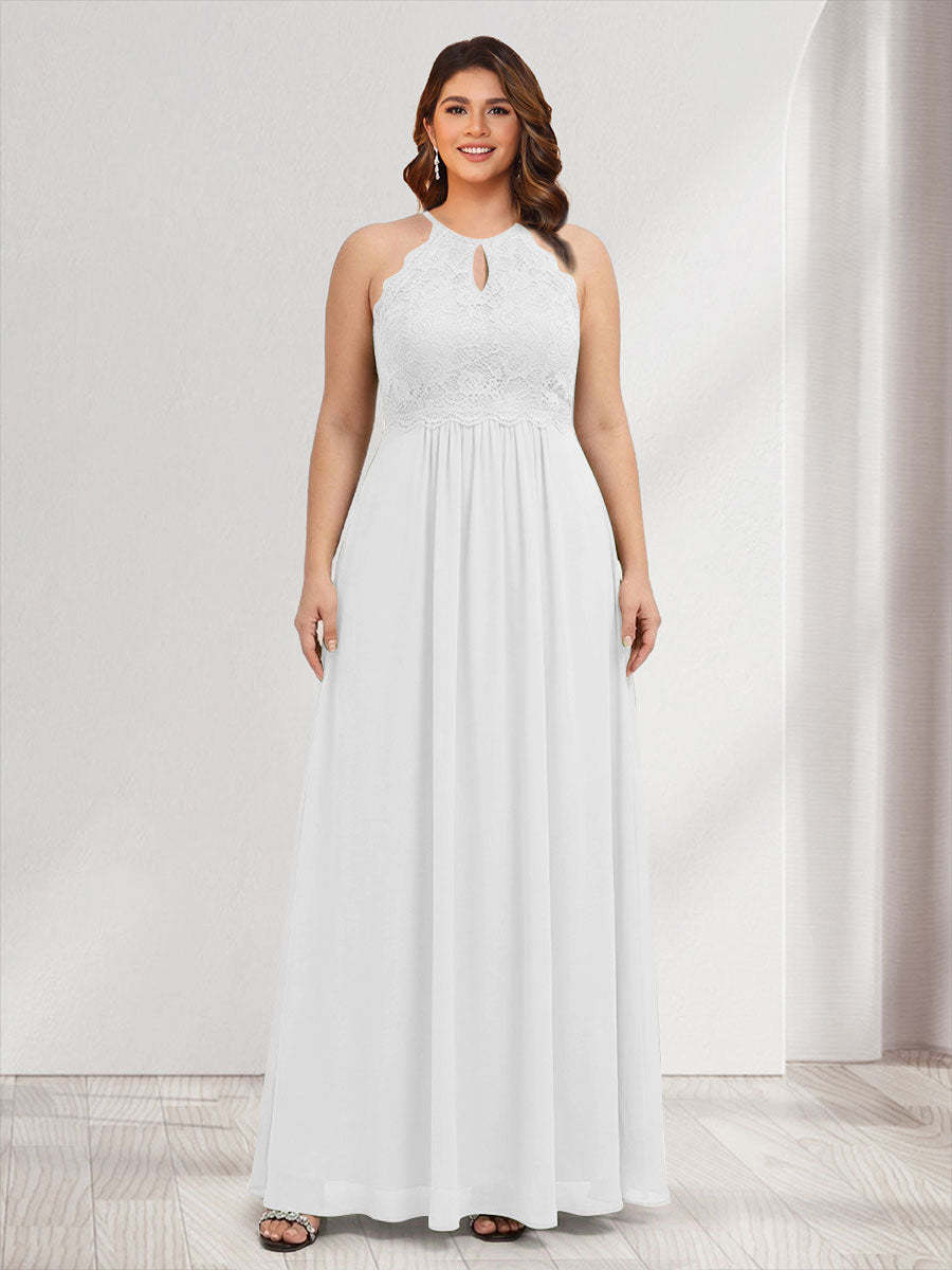 A-Line/Princess Crew Neck Keyhole Plus Size Bridesmaid Dresses with Lace
