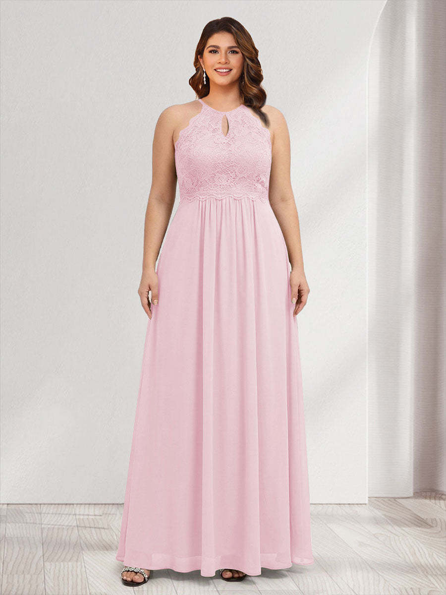 A-Line/Princess Crew Neck Keyhole Plus Size Bridesmaid Dresses with Lace