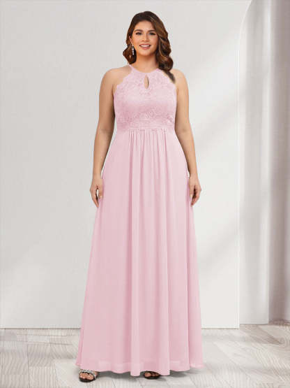 A-Line/Princess Crew Neck Keyhole Plus Size Bridesmaid Dresses with Lace