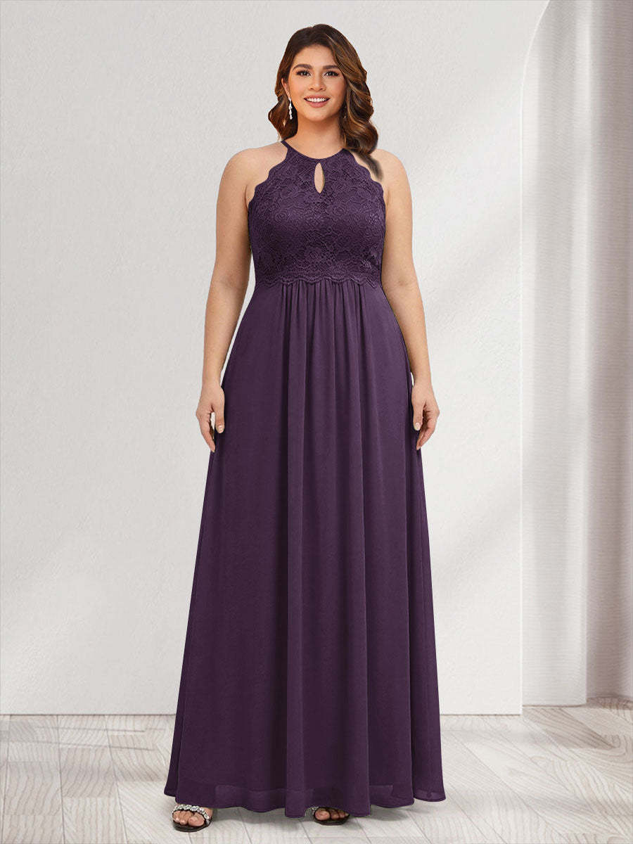 A-Line/Princess Crew Neck Keyhole Plus Size Bridesmaid Dresses with Lace