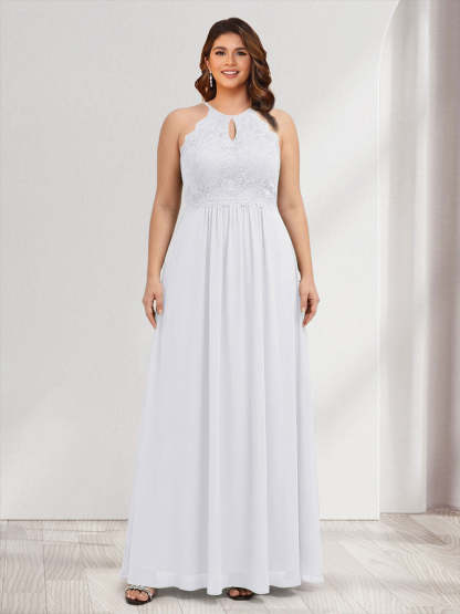 A-Line/Princess Crew Neck Keyhole Plus Size Bridesmaid Dresses with Lace