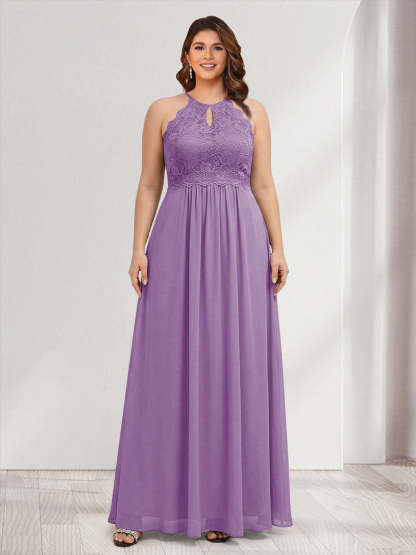 A-Line/Princess Crew Neck Keyhole Plus Size Bridesmaid Dresses with Lace