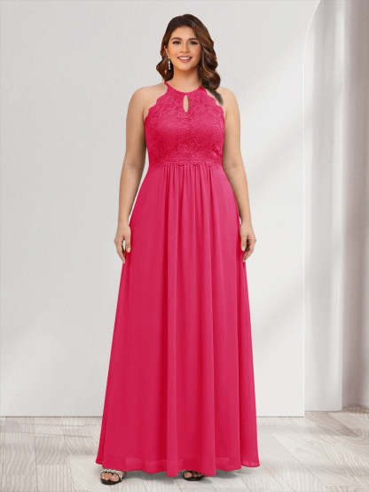 A-Line/Princess Crew Neck Keyhole Plus Size Bridesmaid Dresses with Lace