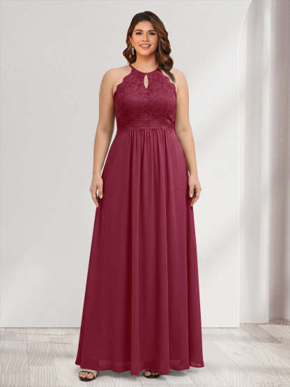 A-Line/Princess Crew Neck Keyhole Plus Size Bridesmaid Dresses with Lace