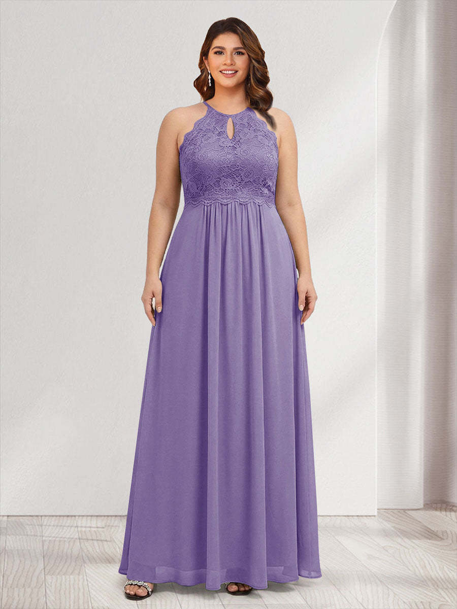 A-Line/Princess Crew Neck Keyhole Plus Size Bridesmaid Dresses with Lace