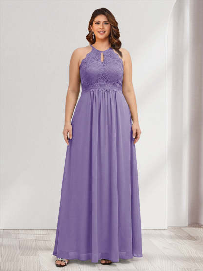 A-Line/Princess Crew Neck Keyhole Plus Size Bridesmaid Dresses with Lace