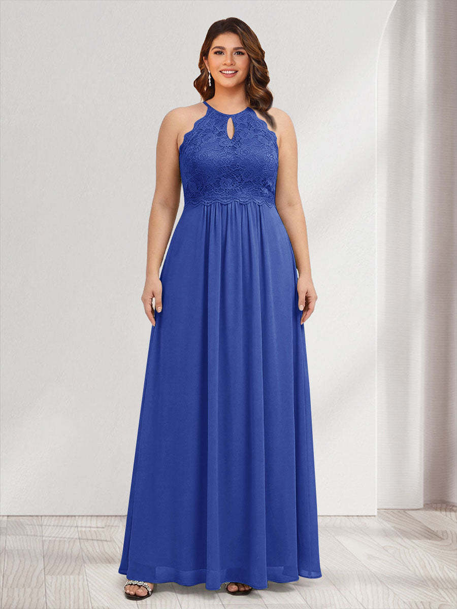 A-Line/Princess Crew Neck Keyhole Plus Size Bridesmaid Dresses with Lace