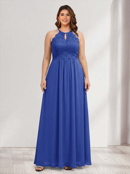 A-Line/Princess Crew Neck Keyhole Plus Size Bridesmaid Dresses with Lace