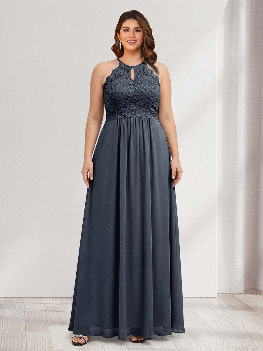 A-Line/Princess Crew Neck Keyhole Plus Size Bridesmaid Dresses with Lace