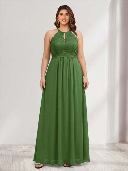 A-Line/Princess Crew Neck Keyhole Plus Size Bridesmaid Dresses with Lace
