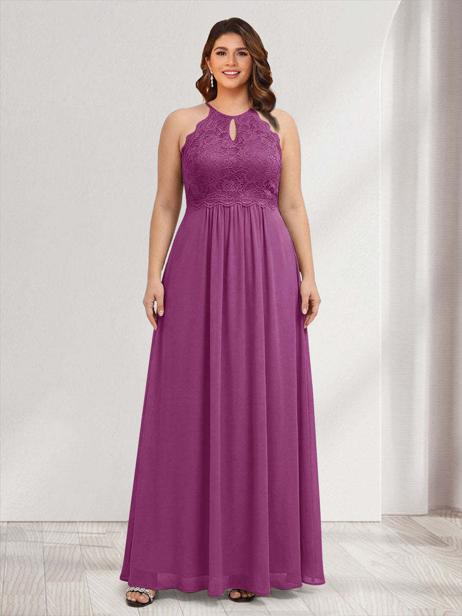 A-Line/Princess Crew Neck Keyhole Plus Size Bridesmaid Dresses with Lace