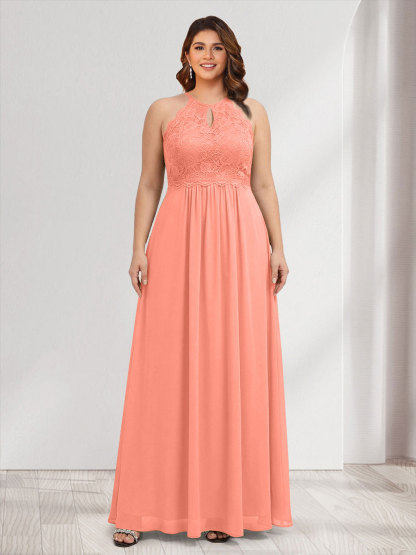 A-Line/Princess Crew Neck Keyhole Plus Size Bridesmaid Dresses with Lace