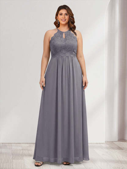 A-Line/Princess Crew Neck Keyhole Plus Size Bridesmaid Dresses with Lace