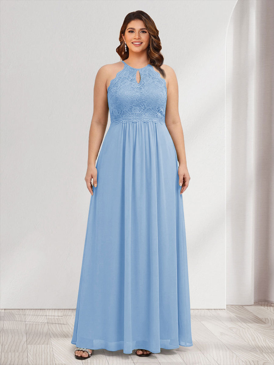 A-Line/Princess Crew Neck Keyhole Plus Size Bridesmaid Dresses with Lace