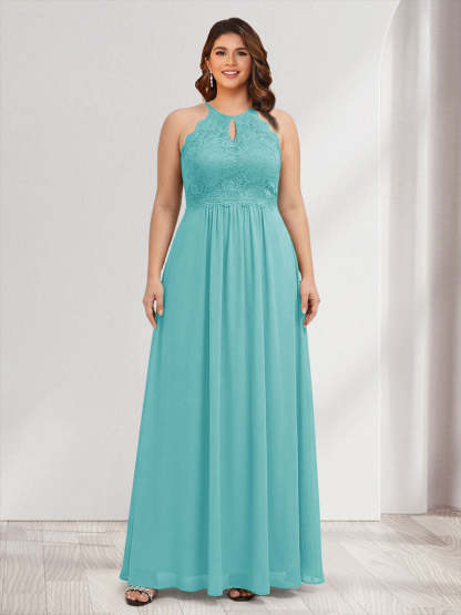 A-Line/Princess Crew Neck Keyhole Plus Size Bridesmaid Dresses with Lace