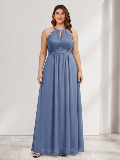 A-Line/Princess Crew Neck Keyhole Plus Size Bridesmaid Dresses with Lace