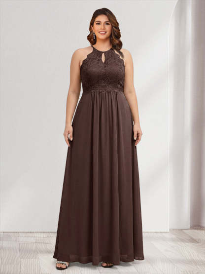 A-Line/Princess Crew Neck Keyhole Plus Size Bridesmaid Dresses with Lace