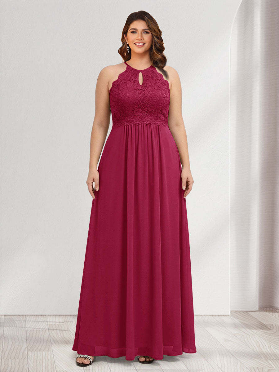 A-Line/Princess Crew Neck Keyhole Plus Size Bridesmaid Dresses with Lace