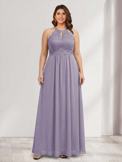 A-Line/Princess Crew Neck Keyhole Plus Size Bridesmaid Dresses with Lace