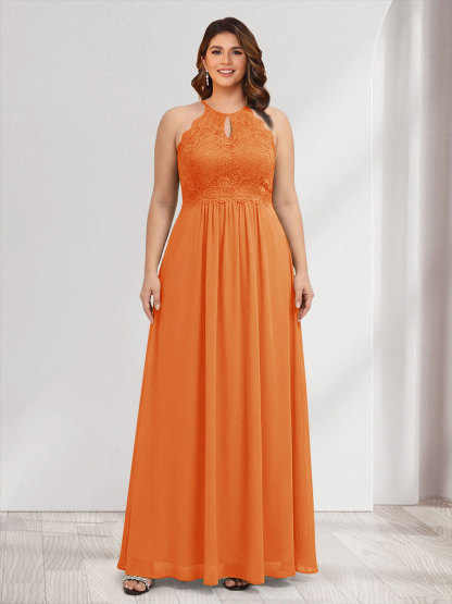A-Line/Princess Crew Neck Keyhole Plus Size Bridesmaid Dresses with Lace