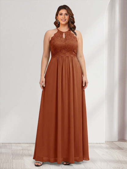 A-Line/Princess Crew Neck Keyhole Plus Size Bridesmaid Dresses with Lace