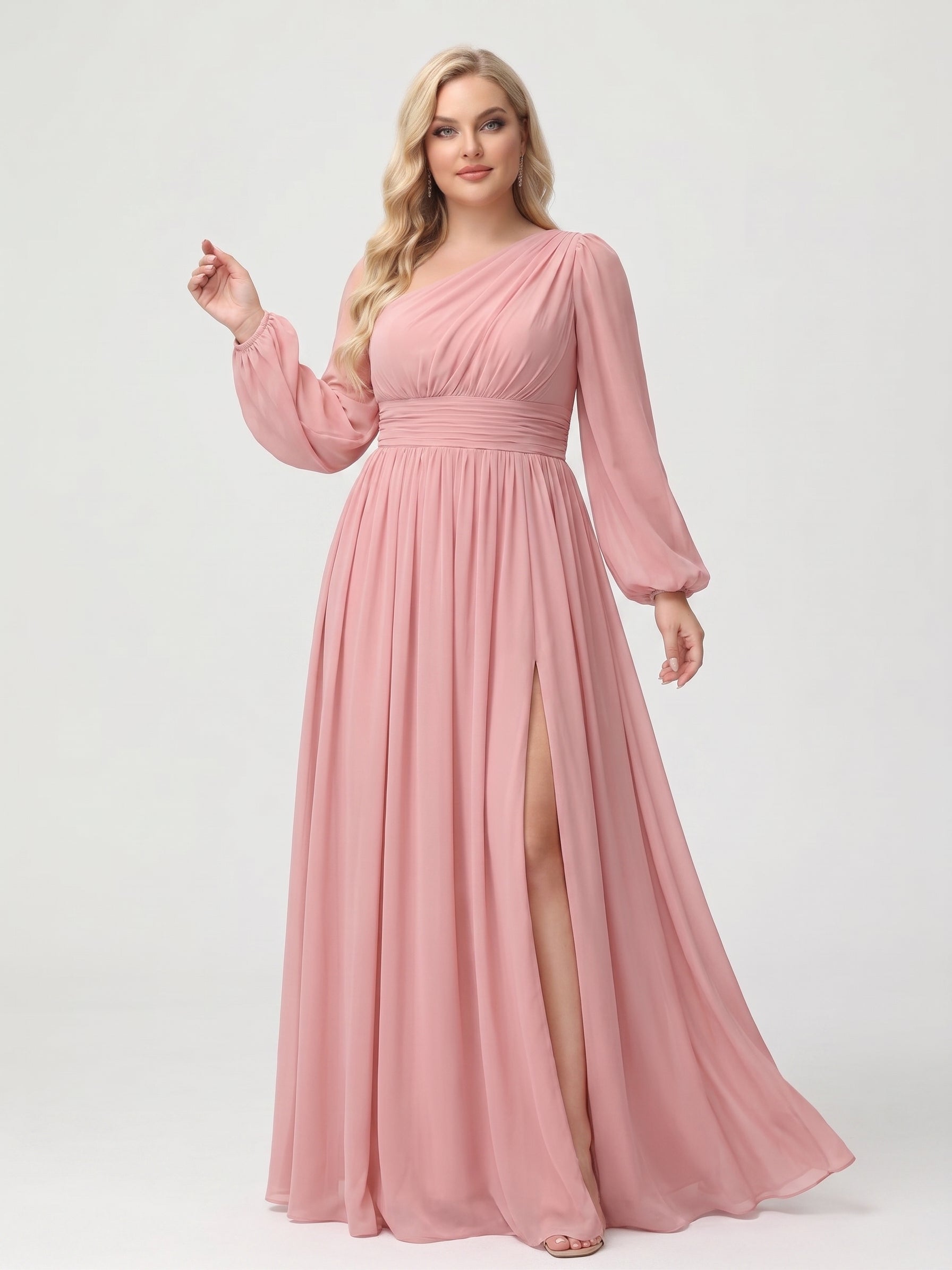 A-Line/Princess Floor-Length Long Sleeves Plus Size Bridesmaid Dresses With Split Side & Sash