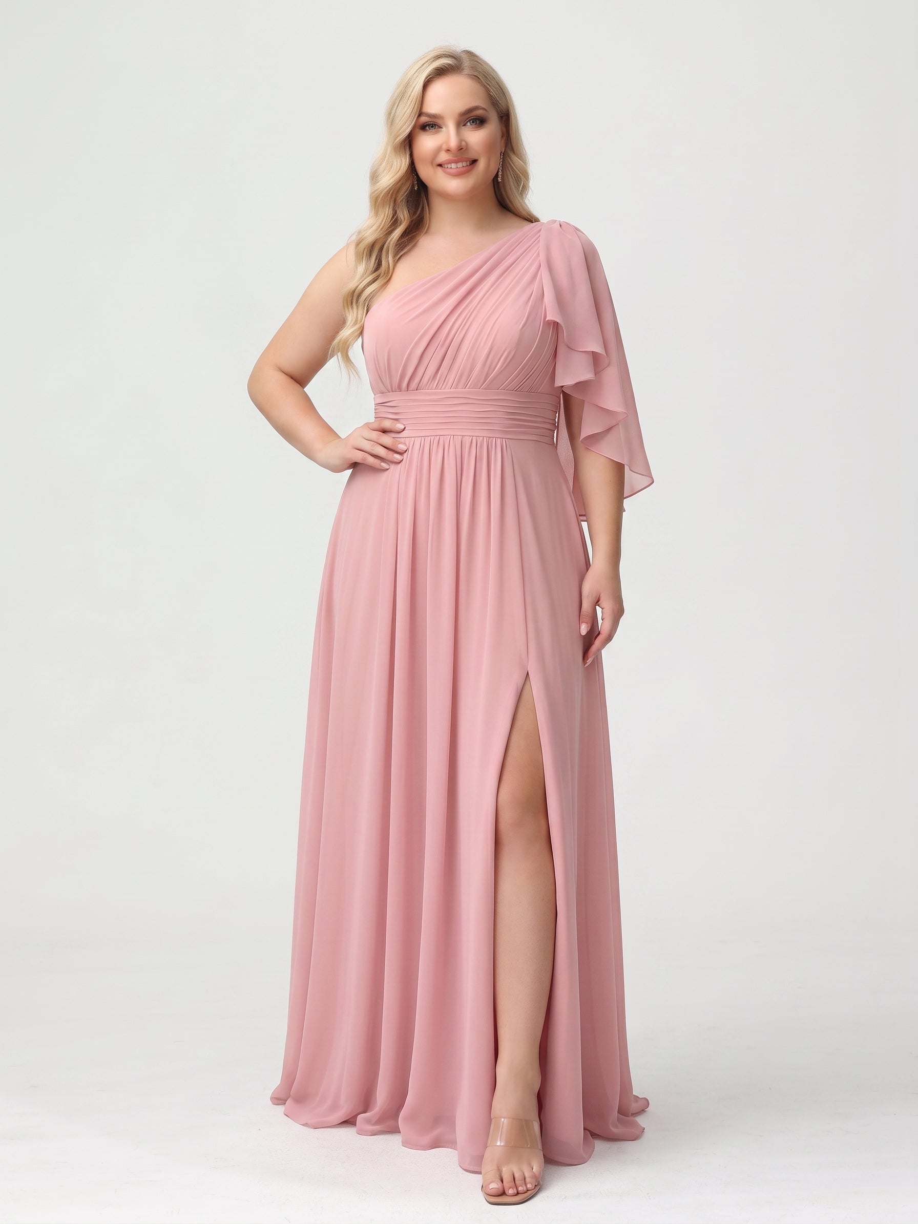 A-Line/Princess Floor-Length One-Shoulder Plus Size Bridesmaid Dresses With Split Side