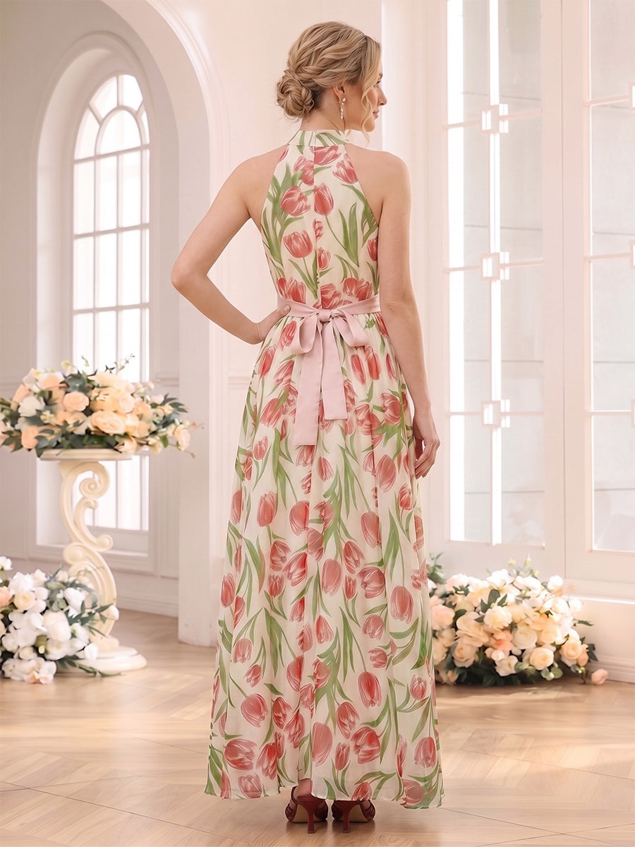 A-Line/Princess Halter Sleeveless Ankle-Length Bridesmaid Dresses with Ruched & Belt
