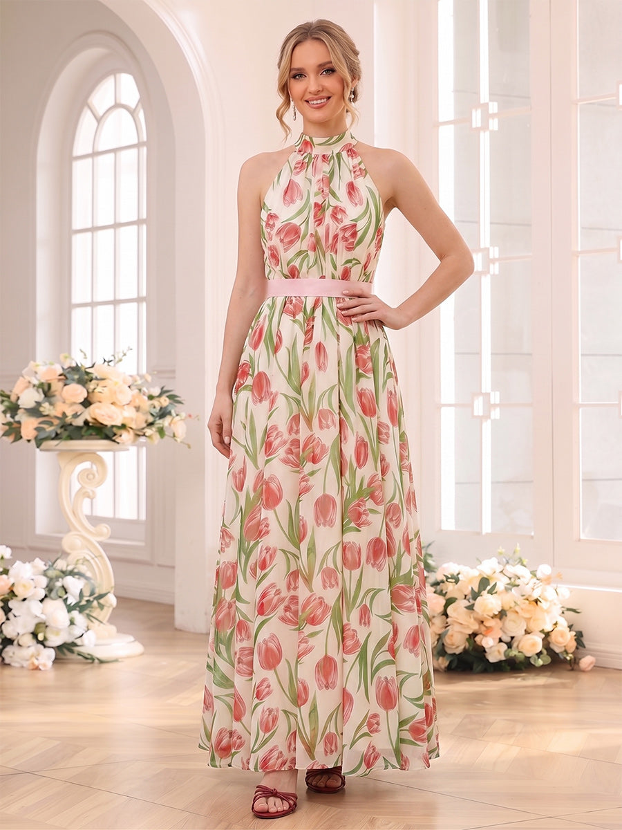 A-Line/Princess Halter Sleeveless Ankle-Length Bridesmaid Dresses with Ruched & Belt