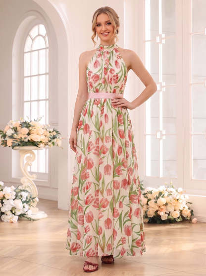 A-Line/Princess Halter Sleeveless Ankle-Length Bridesmaid Dresses with Ruched & Belt
