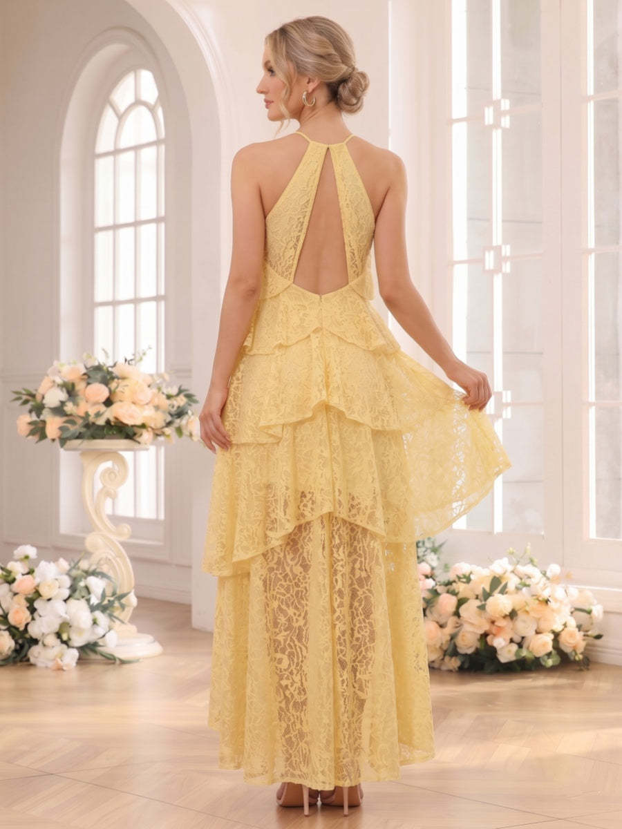 A-Line/Princess Halter Sleeveless Asymmetrical Bridesmaid Dresses with Ruffles & Lace