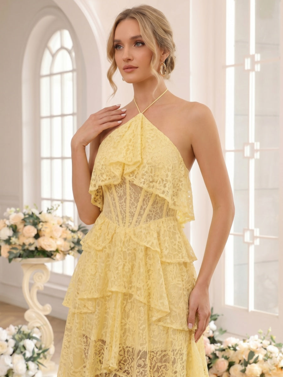 A-Line/Princess Halter Sleeveless Asymmetrical Bridesmaid Dresses with Ruffles & Lace