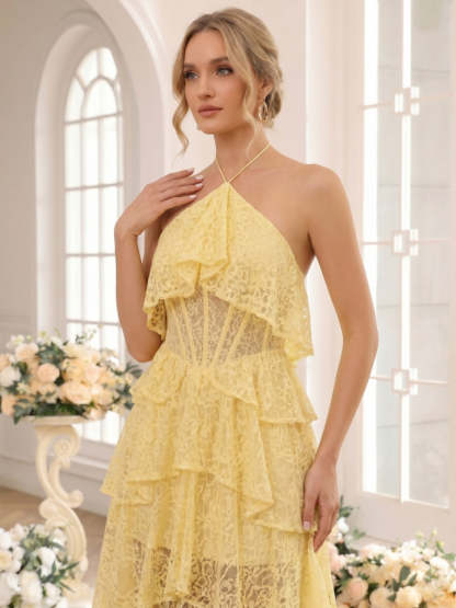 A-Line/Princess Halter Sleeveless Asymmetrical Bridesmaid Dresses with Ruffles & Lace