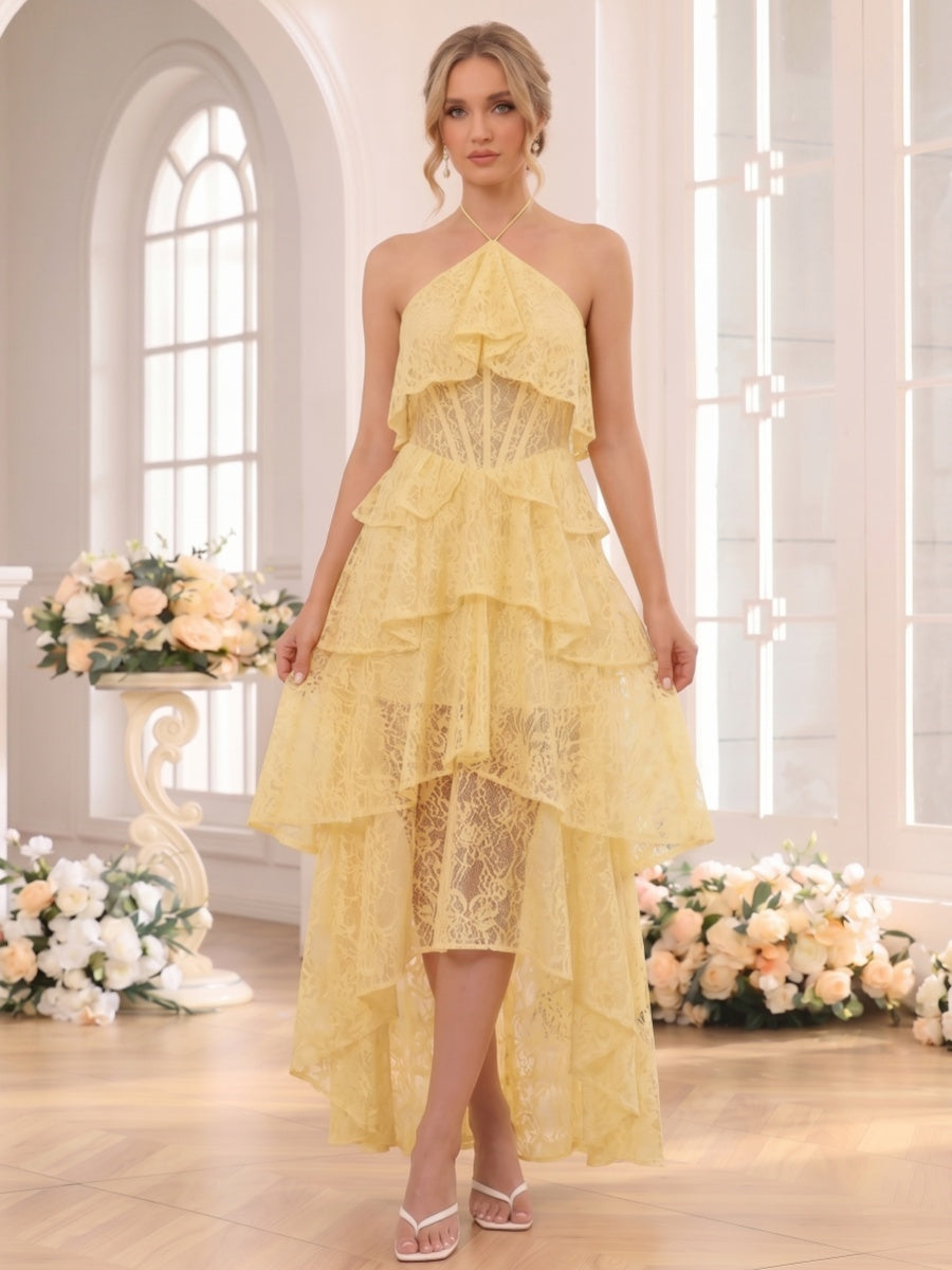 A-Line/Princess Halter Sleeveless Asymmetrical Bridesmaid Dresses with Ruffles & Lace