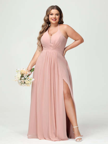 A-Line/Princess Halter Sleeveless Chiffon Ruched Split Side Plus Size Bridesmaid Dresses with Pockets