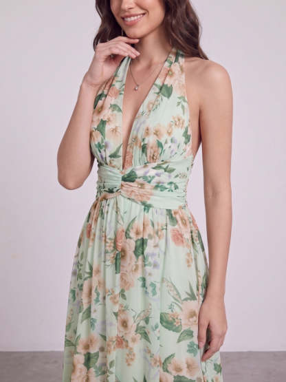 A-Line/Princess Halter Sleeveless Floor-Length Bridesmaid Dresses with Ruched