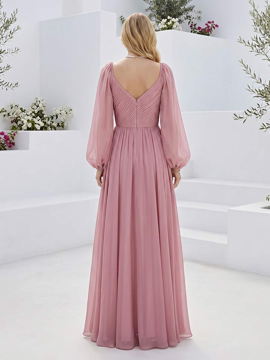A-Line/Princess Long Sleeves Sweetheart Floor Length Bridesmaid Dresses with Pleats & Ruched