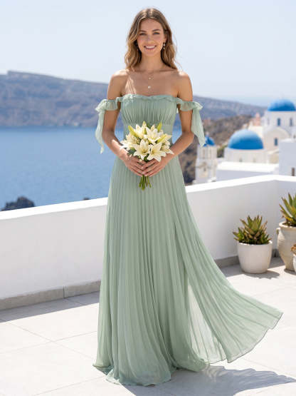 A-Line/Princess Off-the-Shoulder Floor-Length Bridesmaid Dresses with Ruffles & Pleats
