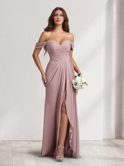 A-Line/Princess Off-the-Shoulder Floor-Length Ruched Bridesmaid Dresses With Ruffles & Split Side