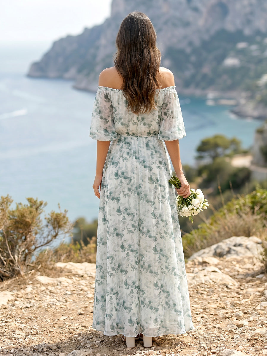 A Line Princess Off the Shoulder Half Sleeves Floor Length Bridesmaid Dresses with Pleats