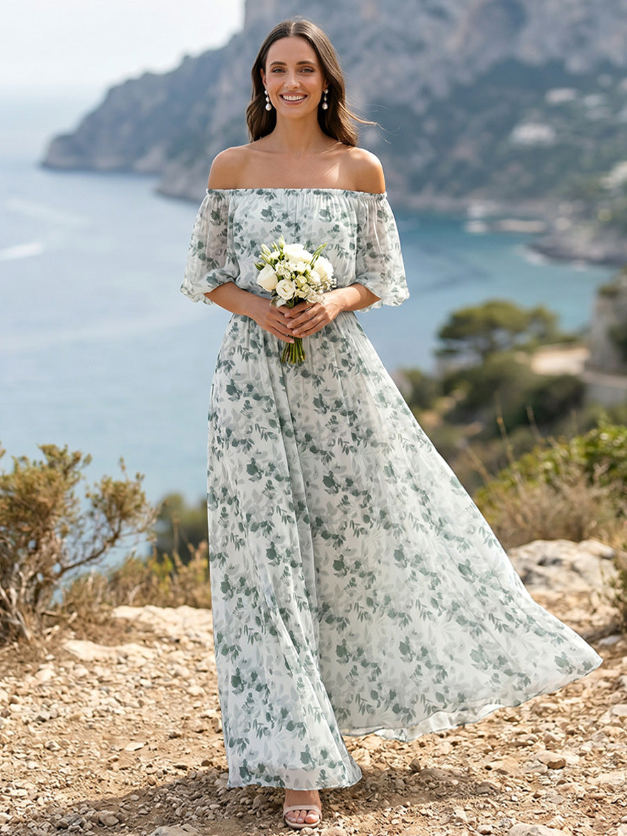 A Line Princess Off the Shoulder Half Sleeves Floor Length Bridesmaid Dresses with Pleats