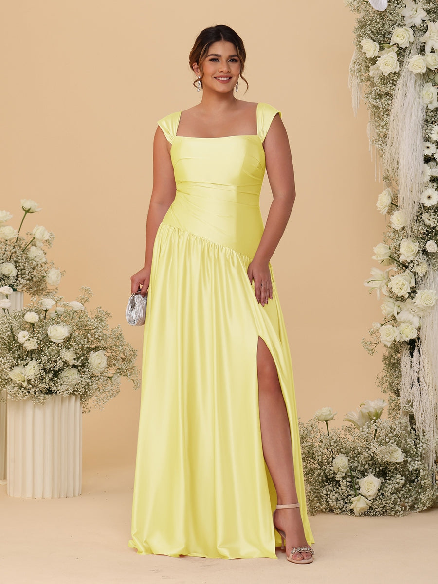 A-Line/Princess Off-the-Shoulder Plus Size Bridesmaid Dresses With Side Slit & Pleats